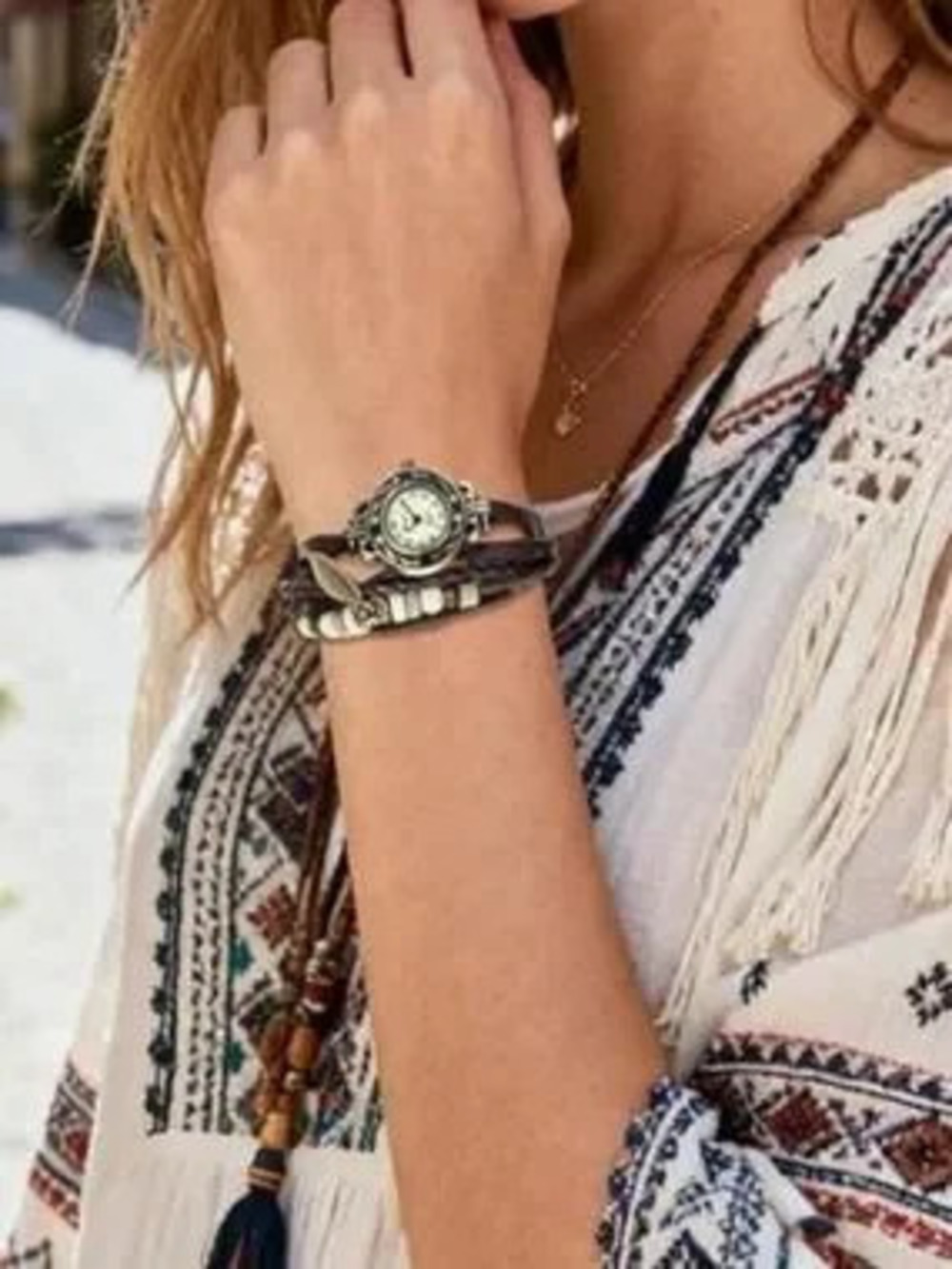 !!! Anthropologie Brown Leather Wrap Watch with Leaf Charm and Bead Accents